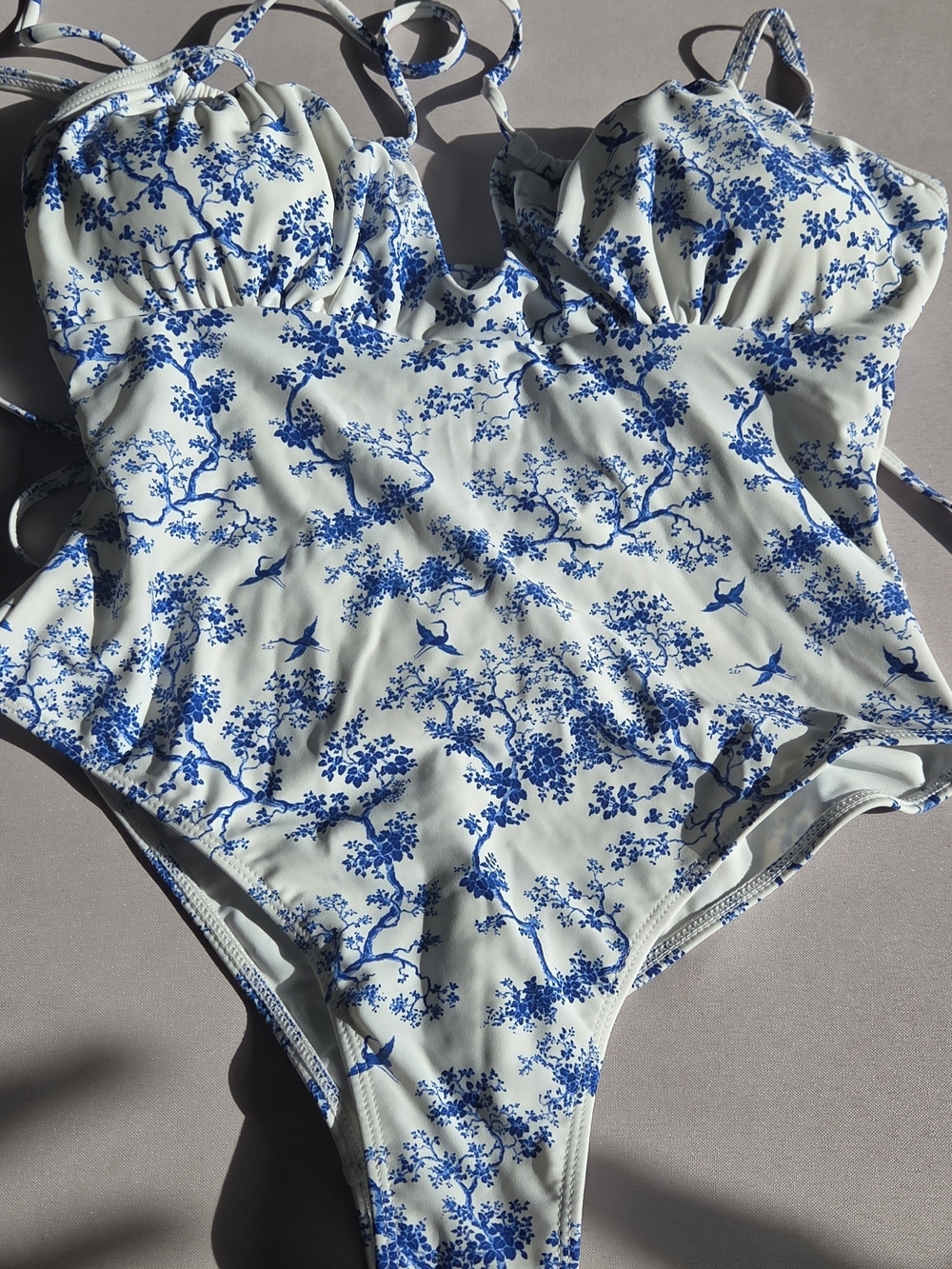 Berlook Blue Retro Floral Drawstring One-Piece Swimsuit Size L